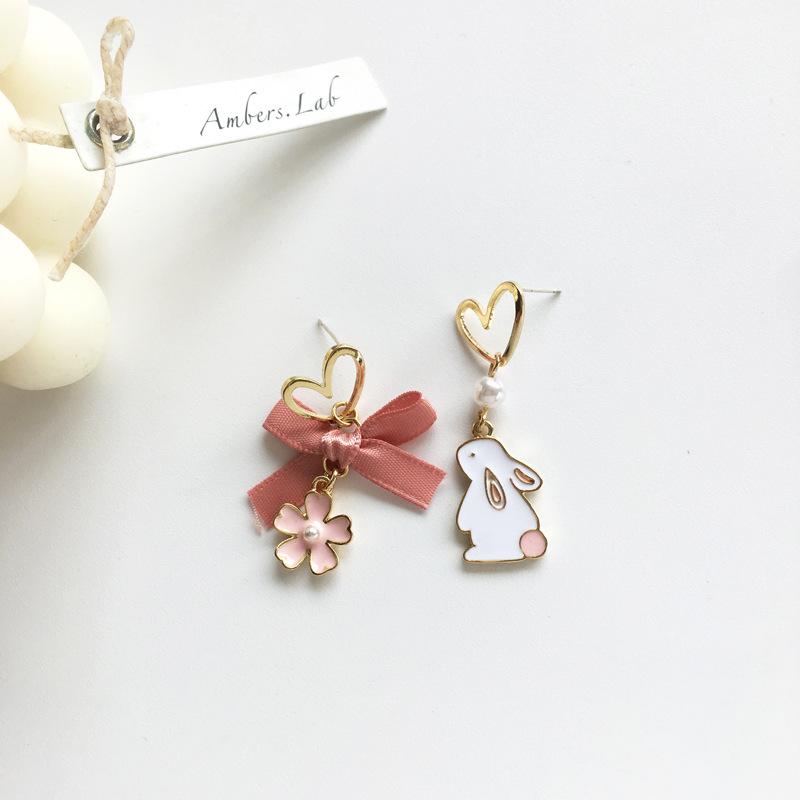 Korean Fashion Bow Cute Animal Kitten Dangle Earrings for Women Sweet Flower Rabbit Asymmetric Tassel Earrings Party Jewelry