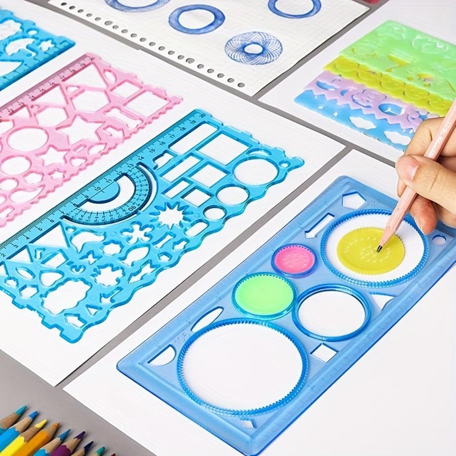 4pcs 20x11cm Transparent Drawing Rulers, Rotating Geometric Pattern Sketching Templates, Reusable Practical Drafting Tools
