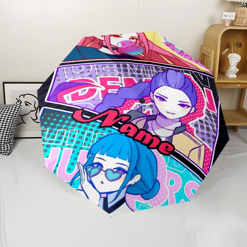 Ombrello Automatico Personalizzabile con Nome, Tema Cacciatori di Demoni KPop, Leggero e Portatile, 8 Stecche, Perfetto per Viaggi all'Aperto, Compleanni, Natale, Regali.