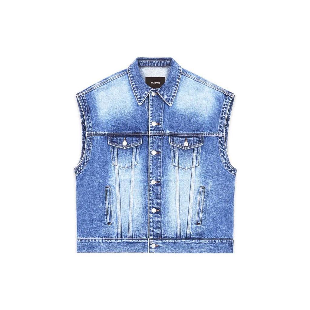 WE11DONE FW22 Horror Movie Letter Print Loose Sleeveless Lapel Button Denim Vest Unisex Vest Blue WD-DV3-22-384-U-BL