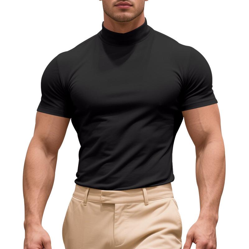 Summer New Men's Casual Semi-High Neck Slim Solid Color T-shirt - European & American Fashion.