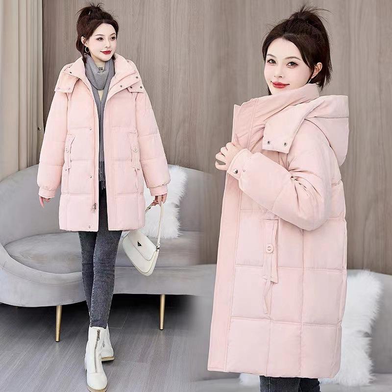 Winter New Women's Mid-Length Down Cotton Jacket with Hood Korean Style Simple Versatile Thickened Warm Cotton Coat
