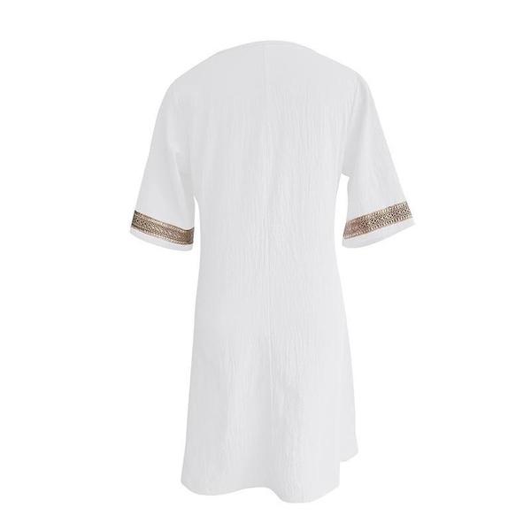 Abito da Donna in Cotone e Lino con Scollo in Pizzo e Polsini a V Abito Mini Monocolore Fashion con Lavorazione a Rete Abito Casual da Donna a Manica Media