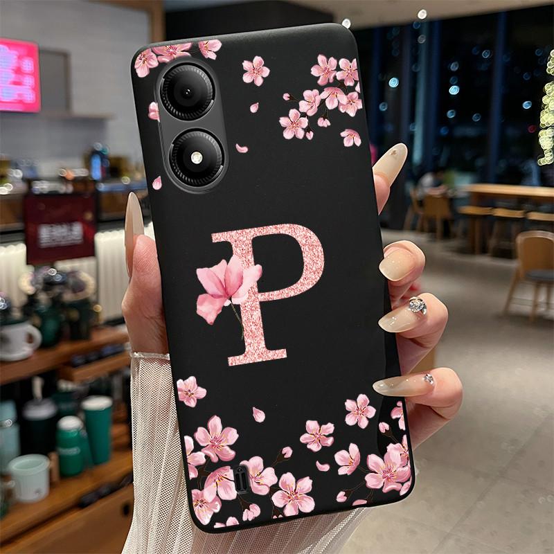 Black Case For ZTE Blade A33S Fundas Beautiful Flower Printing Initial Letters Phone Casing Soft Silicone Protective Back Cover