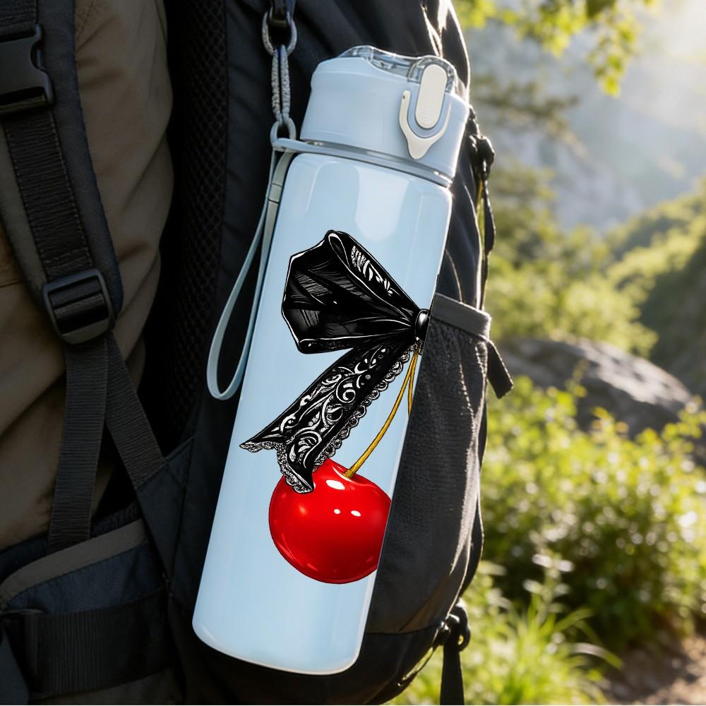 1PC Black Bow Fresh Red Cherry Fruit Print 750ml Color Plastic Sports Water Bottle Leakproof Flip Straw Lid Suitable for Sports Office Home Use