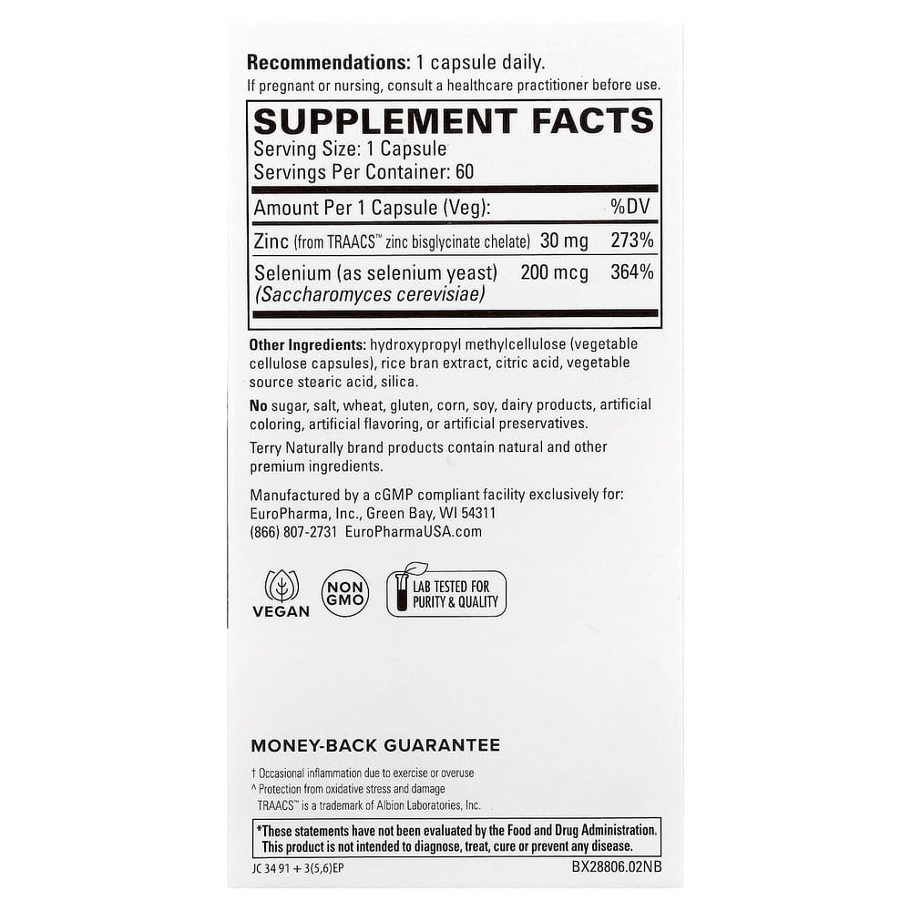 Terry Naturally Zinc Plus Selenium Veggie Capsules, 60 Count
