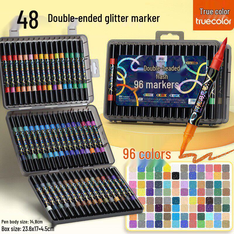 True Color Sparkle Glitter Pen: Double-Ended, Soft Tip, Two-Color, Fluorescent Watercolor Marker for Art Students