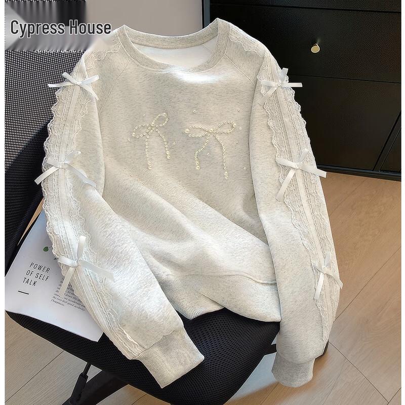 Women s Fashion Bow Beaded Long-Sleeve Pullover Sweatshirt One Size