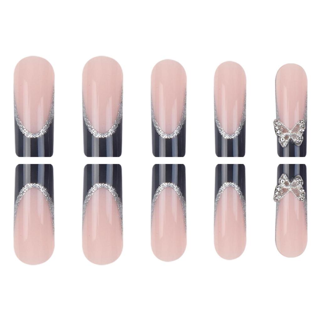 Long Wearable French Style Nail Tips with Butterfly Rhinestones, Detachable, 24-Piece Set.