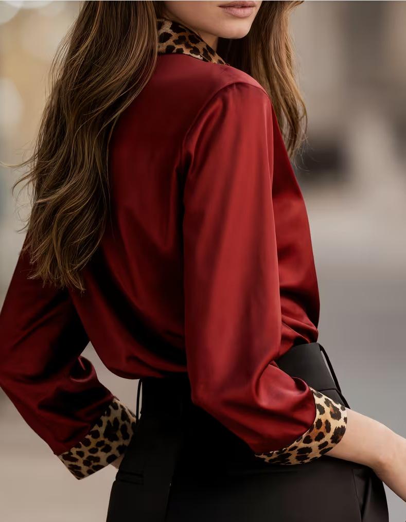 Leopard Print Satin Patchwork Long Sleeve Shirt for Women
