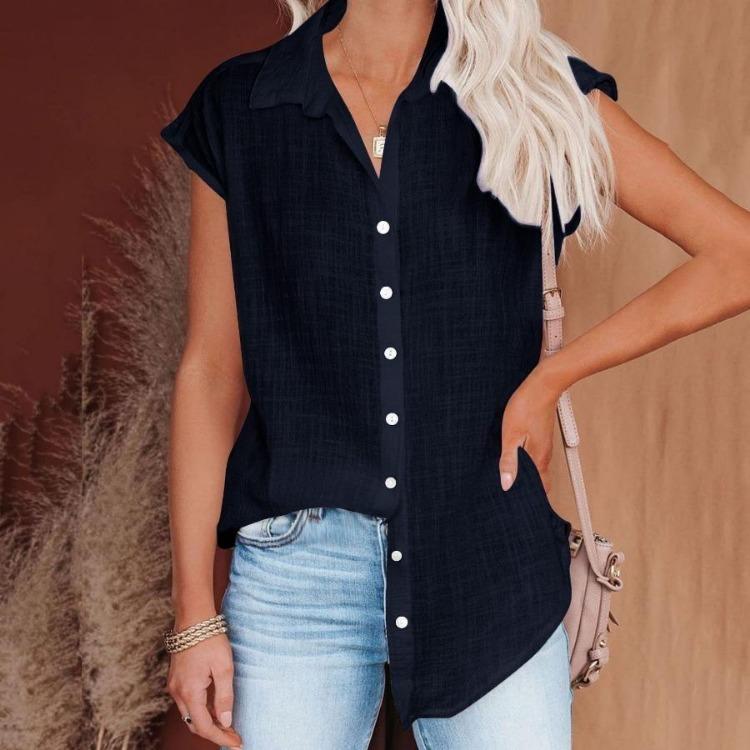 Women's Casual Summer Solid Color Short Sleeve Lapel Blouse Single Breasted Shirt Top