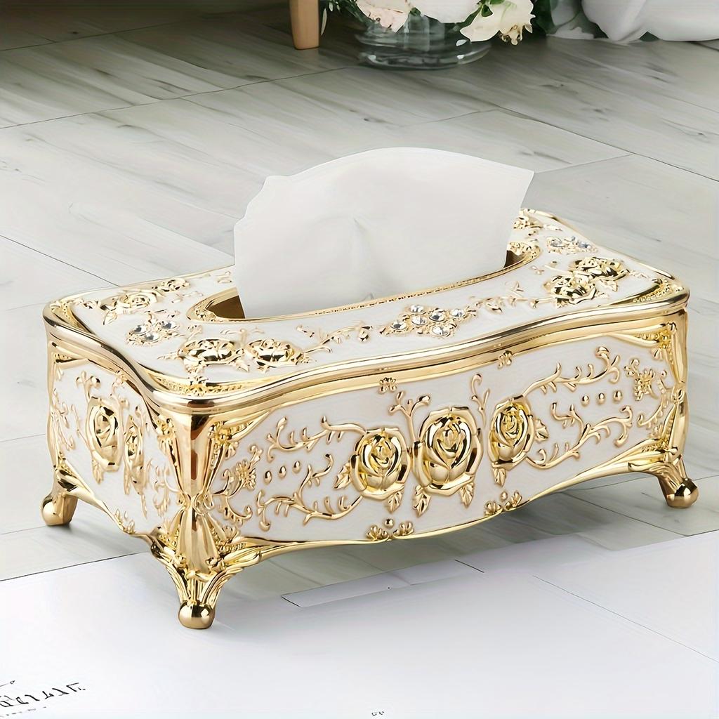 [Rose Pattern Tissue Box] Golden-plated Luxurious Tissue Box - Rose Pattern, European and American Style - Suitable for Multiple Rooms and Occasions