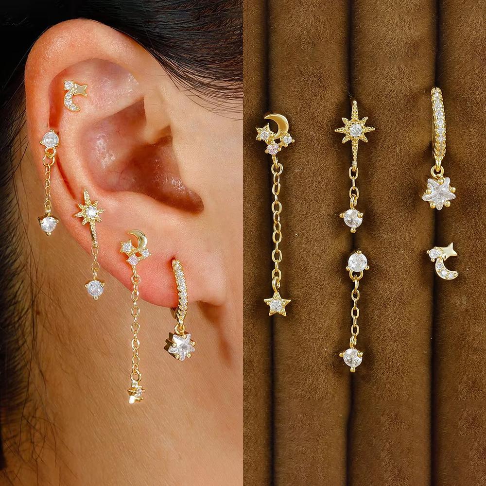 5pcs Sets Vintage Star Moon Zircon Earrings For Women Girls Luxury Delicate Small Long Tassel Stud Earrings Fashion Jewelry