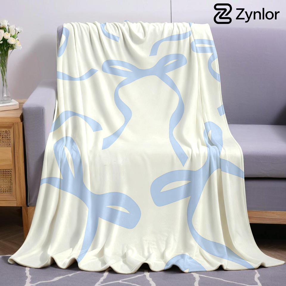Cream Blue Ribbon Cartoon Anime Print Flannel Blanket Soft Warm Throw for Kids Bedroom Sofa Bed Christmas Office Car