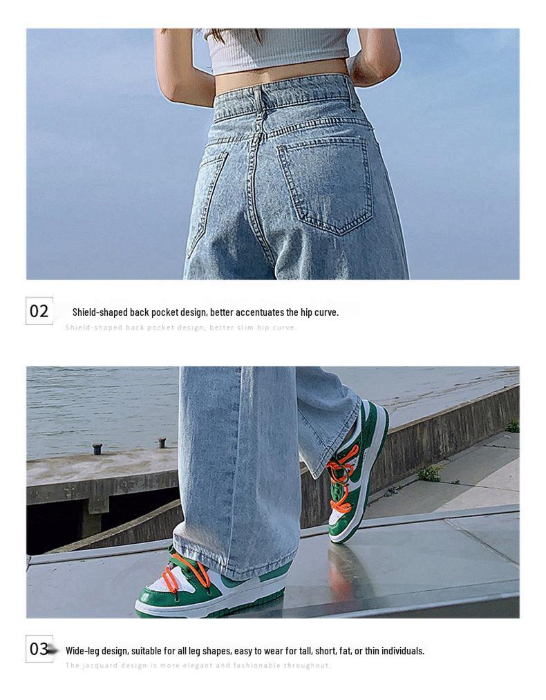 High-Waist Adjustable Straight Leg Jeans - Women's Korean Style Loose Slimming Wide-Leg Floor-Length Dad Jeans