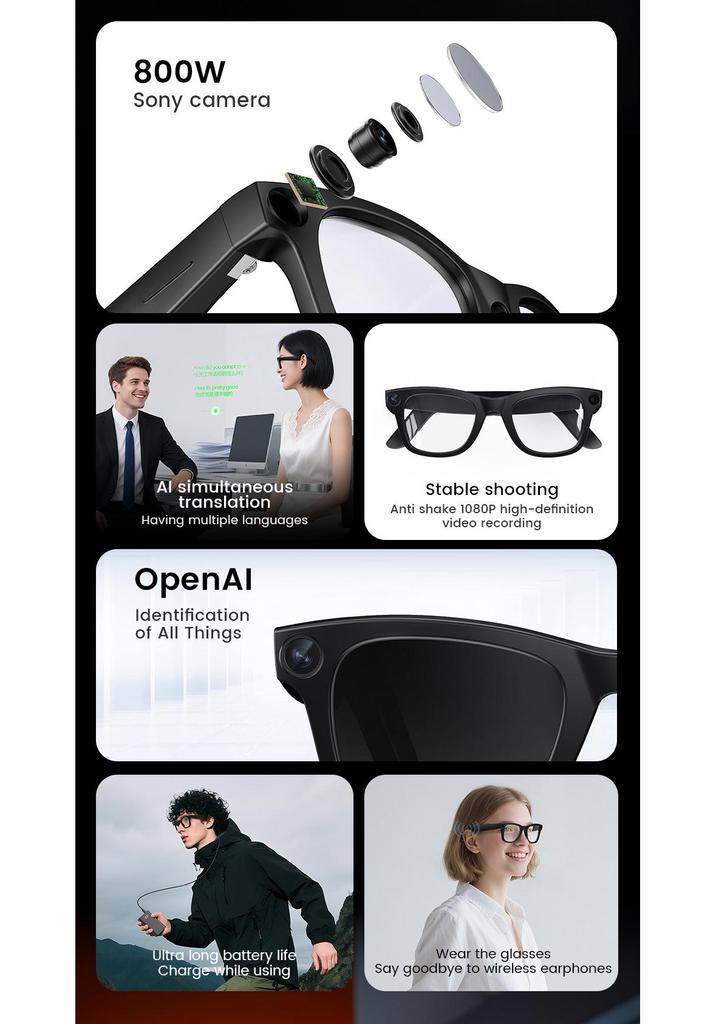 E03C Smart Glasses: Camera, Image Stabilization, HD Shooting, Real-Time Translation, Electrochromic, AI Features