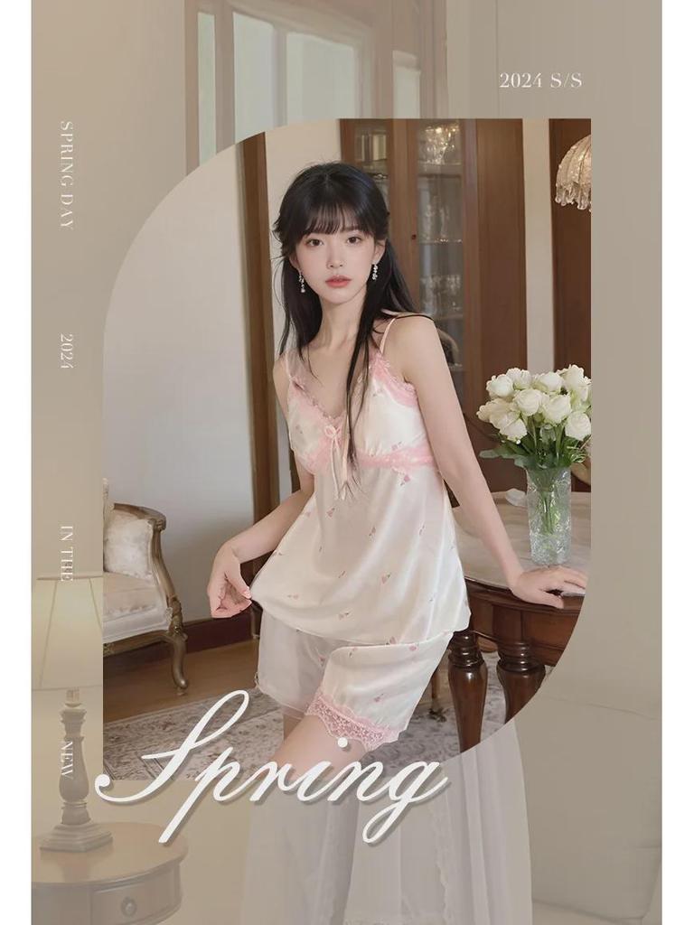 2024 Pure Desire Lace Suspender Nightdress with Chest Pads - Women's Floral Ice Silk Summer Dress for Pajamas or Outerwear