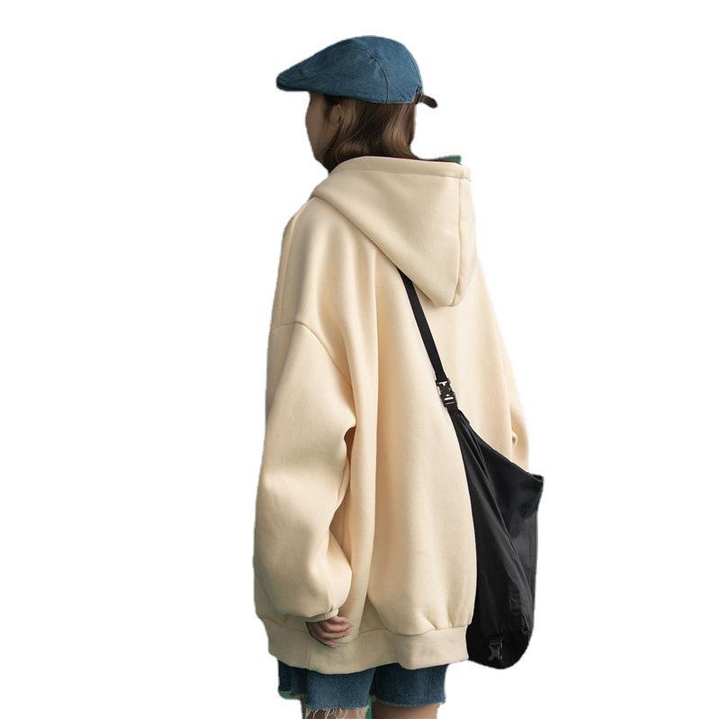 Plus Size Solid Color Korean Style Hooded Sweatshirt - Loose Mid-Length Pocket Jacket for Autumn/Winter