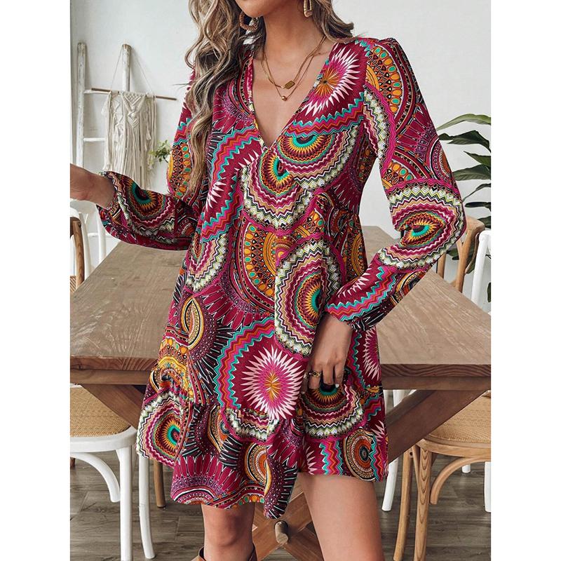 Mode Vintage Print A-Linie Locker Lässige Kleider Damen Puff Langarm Elegant V-Ausschnitt Slim Sexy Kleid Damen Sommer Strandurlaub Kurzes Kleid 25886