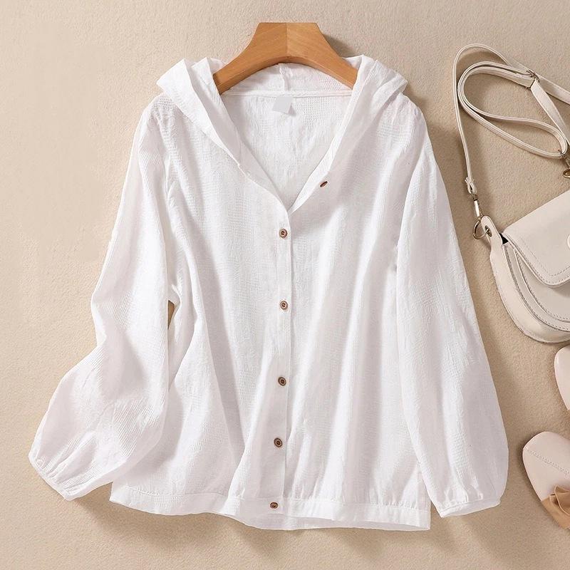 Women Hooded Button Down Long Sleeve Linen Cotton Blend Sun Protection Shirt M белый