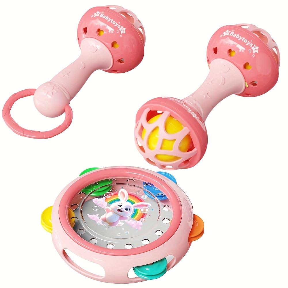 Rosa Klingelton Handtrommel Baby Spielzeug - Langlebiges ABS Material, mit Hasen- & Herzmustern, Perfekt für Neugeborene & Kleinkinder