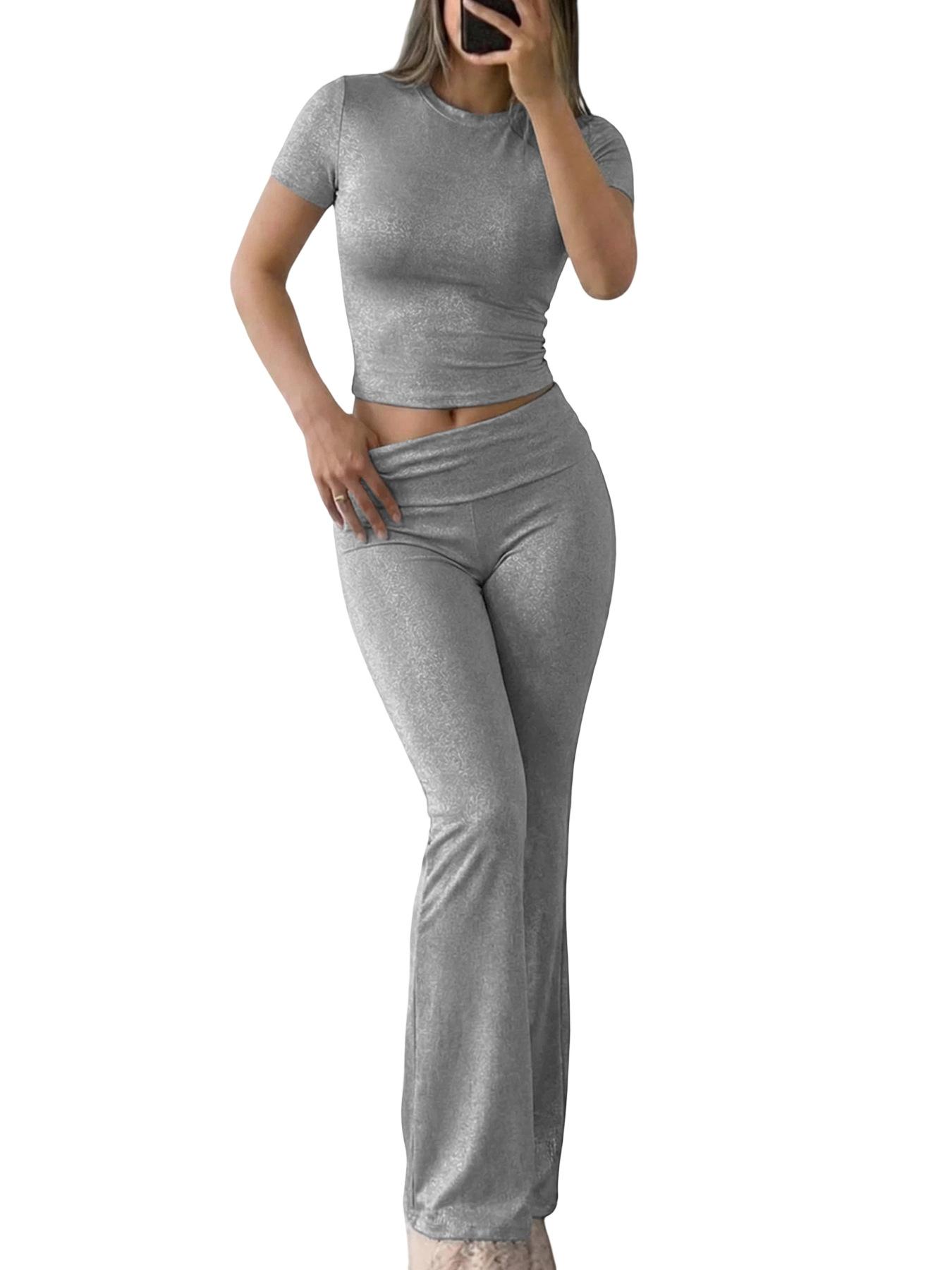 

Women Spring Summer Casual Solid Color Slim Short Sleeve Long Pants Set For Women XXL