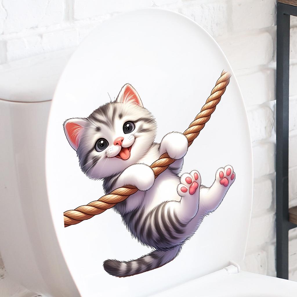 Adorable Cartoon Kittens Clutching Jute Rope Bedroom Living Room Study Wall Decals for Decorative Enhancement