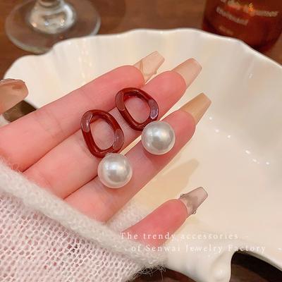 Ankara Red Geometric Pearl Earrings Women's Minimalist Niche Design Sense Internet Celebrity Stud Earrings Autumn and Winter Ears