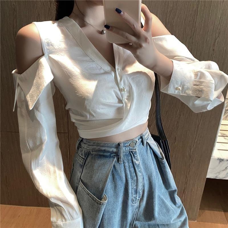 WTEMPO Off Shoulder Women Shirt Sexy V-neck Short French Style Chic Long Sleeve Shirt StreetWear Casual Top Blouse Women