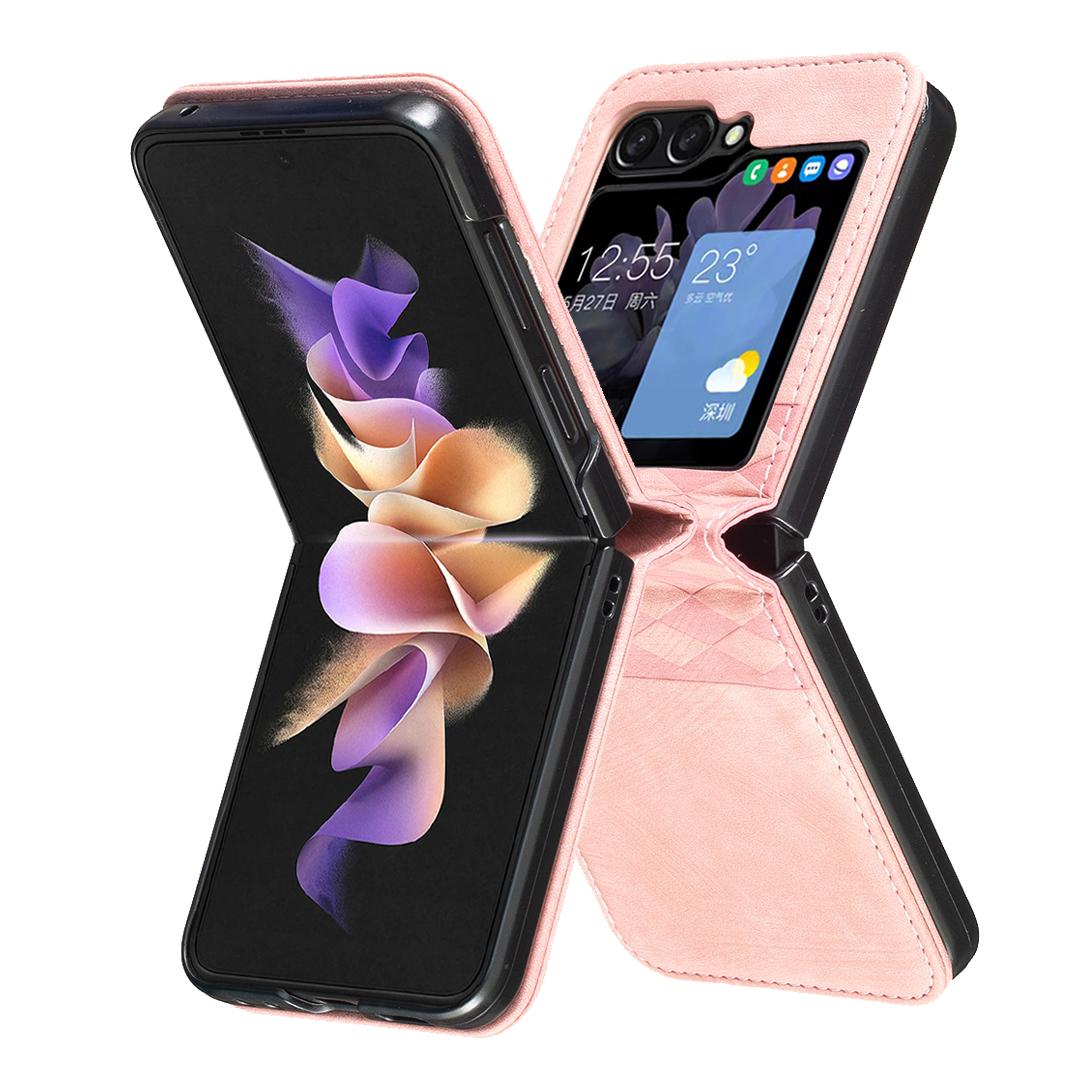 

For Samsung Galaxy Z Flip7 FE 5G/Z Flip6 5G/Z Flip5 5G Case Grid Pattern Imprint Leather Shockproof Phone Cover Pink