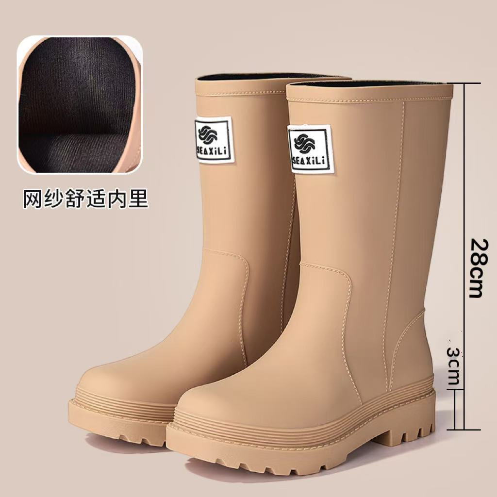 New Medium Tube Rain Shoes, Women's Non-slip Water Shoes, Fashion Water Boots, Thick-soled Rain Boots and Velvet Work Rubber Shoes