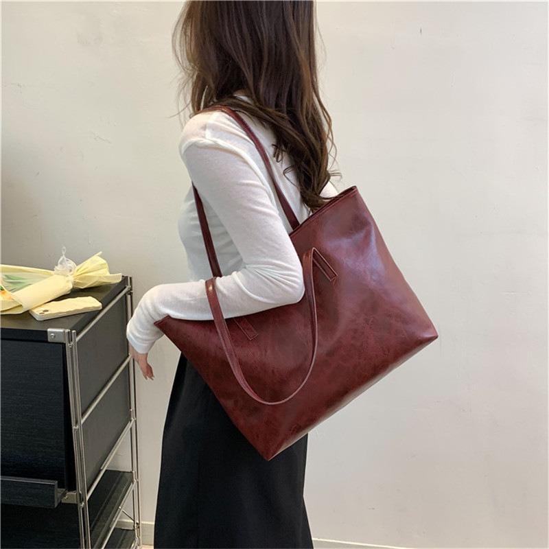 New women's simple large-capacity tote bag retro solid color trendy casual portable shoulder