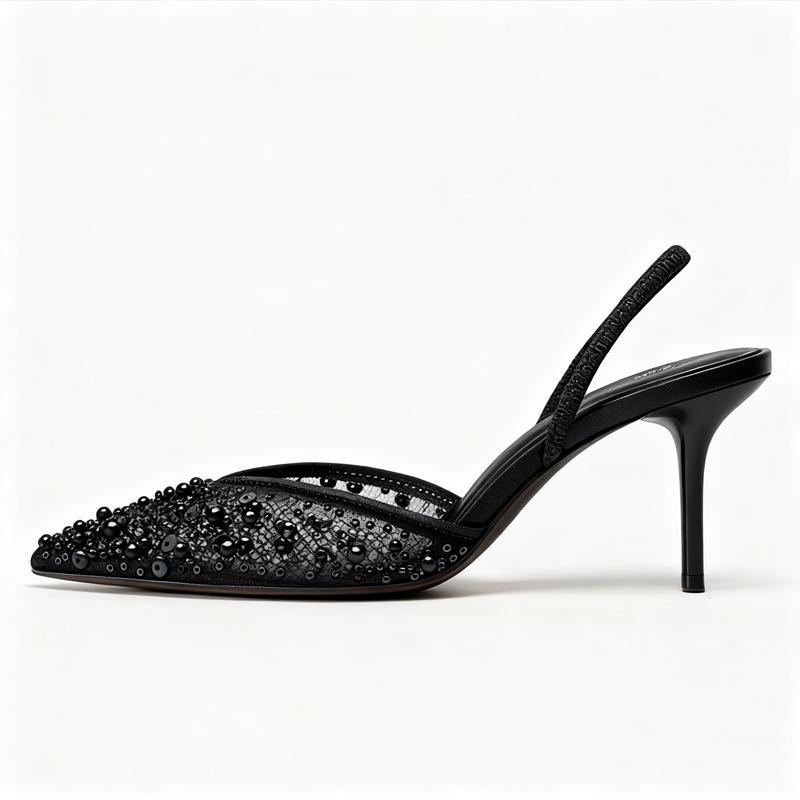 Luxury Bling String Bead Decorate Heels Women Fashion Pointed Toe Mesh Designer Shoes Elegant Thin Heel Slingback Zapatos Mujer
