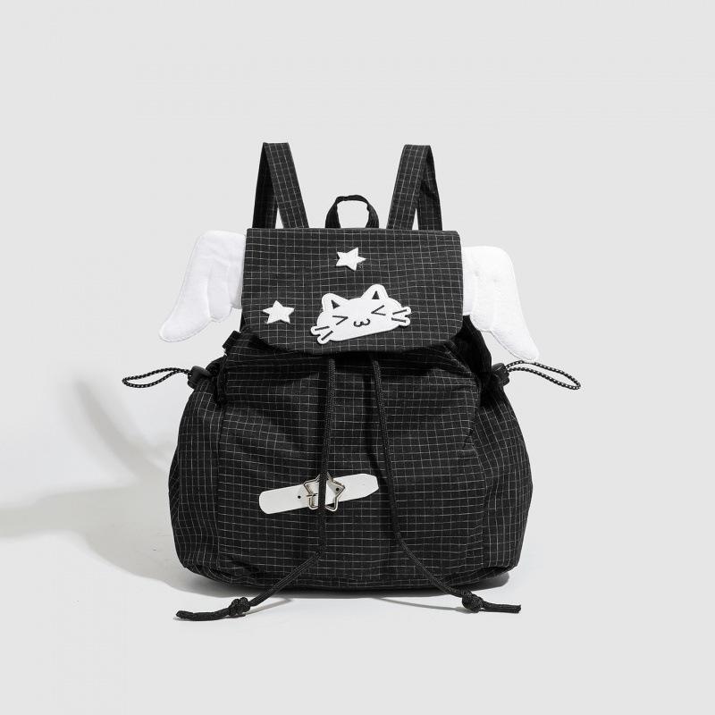 

Cute Cat Pattern Backpack With Angel Wings Girl s Grid Fabric Casual Backpack Lolita Style Drawstring Bag Student Shoulder Bag чёрный