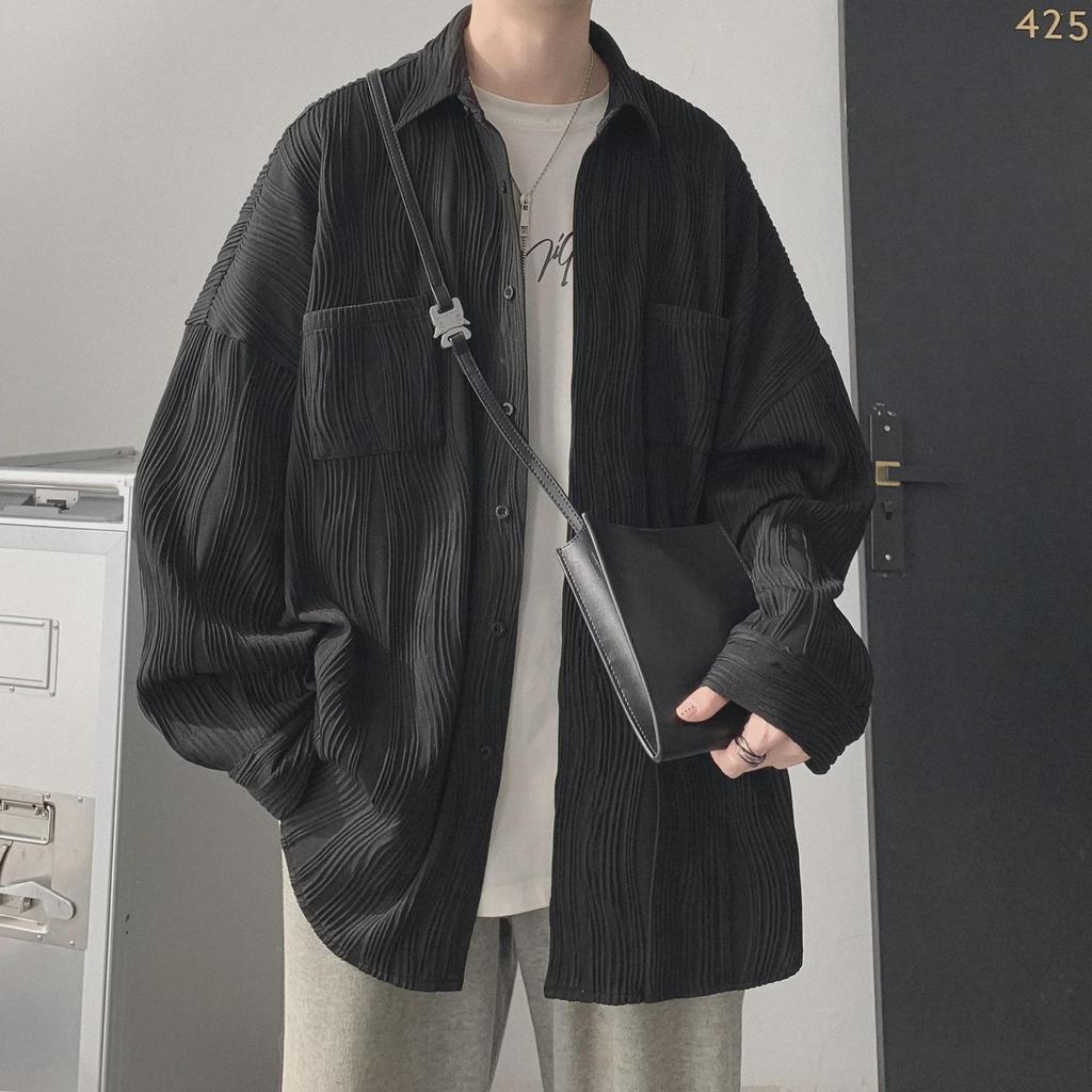 Men's Spring Pleated Long-Sleeve Drape Shirt - Ice Silk Design