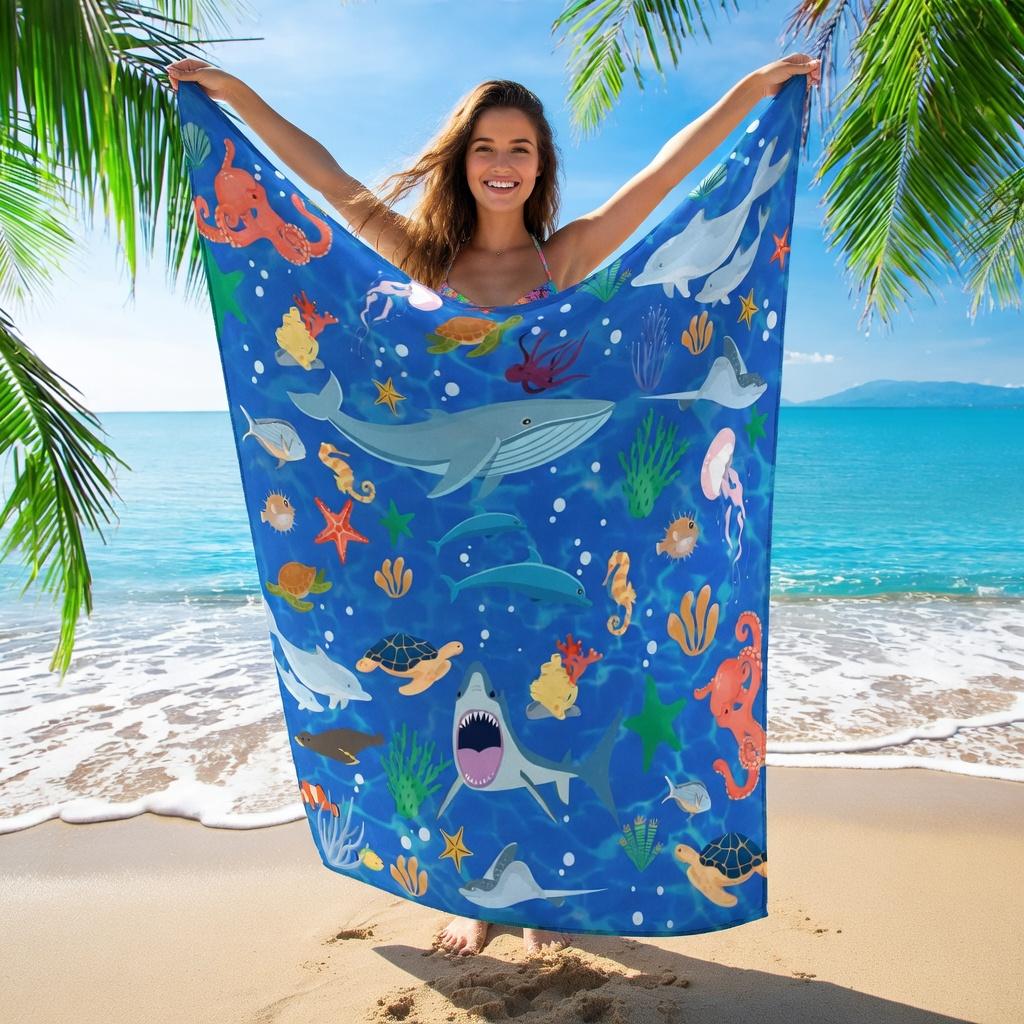 Textilien Blue Vibrant Ocean Beach Towel Flat Print Cute Shark Whale Microfiber Absorbent Pool Towel For Outdoor Beach Party Kids Gift