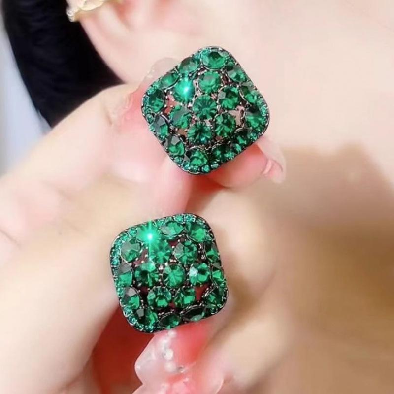 

111 silver needle retro green square full diamond stud earrings women s medieval style earrings design sense light luxury earrings