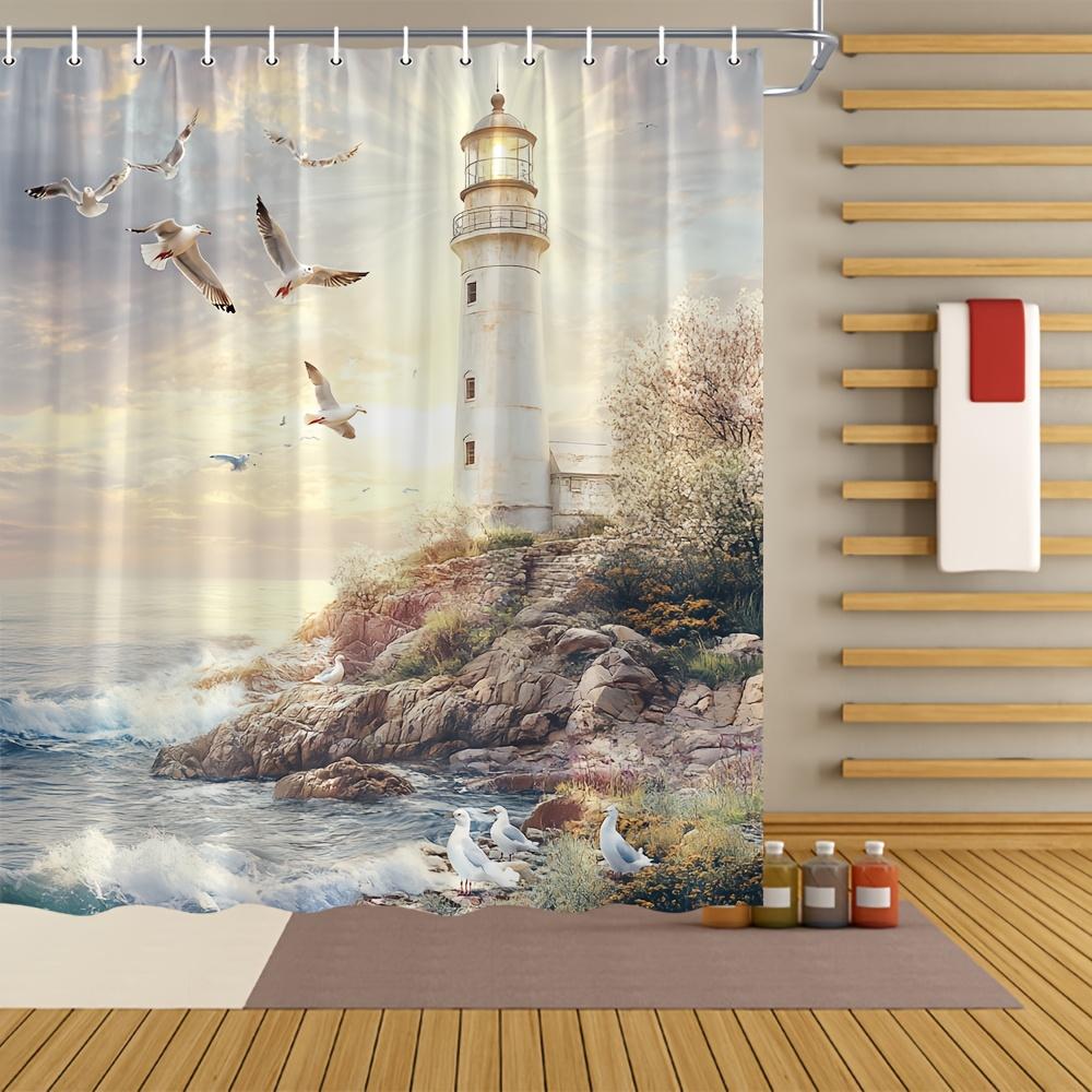 

Nautical Lighthouse Shower Curtain - Seagulls, Pigeons, Flowers, Coastal Decor, Polyester, Hand Wash, Marine & Garden Style W60H190(CM)-1 Pcs