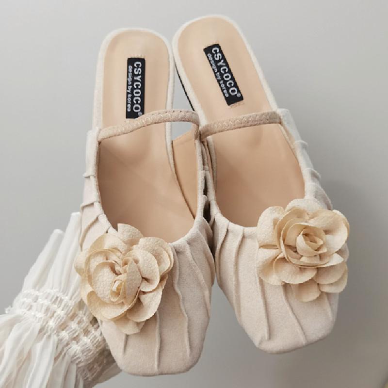 Fashion Fashion Pleated Flower Flat Sandals Women Summer Comfort Soft Soled Faux Suede Designer Shoes Concise Non Slip Beach Casual Shoe