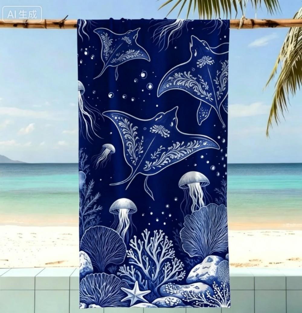 Navy Sea Turtle Microfiber Beach Towel, Line Art Jellyfish Bath Towels, Mystic Ocean Life Travel Blanket Summer Pool Towel 50x100cm