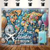 1 adventure-themed large background banner with a shiny world map, hot air balloons and travel signs - perfect for parties