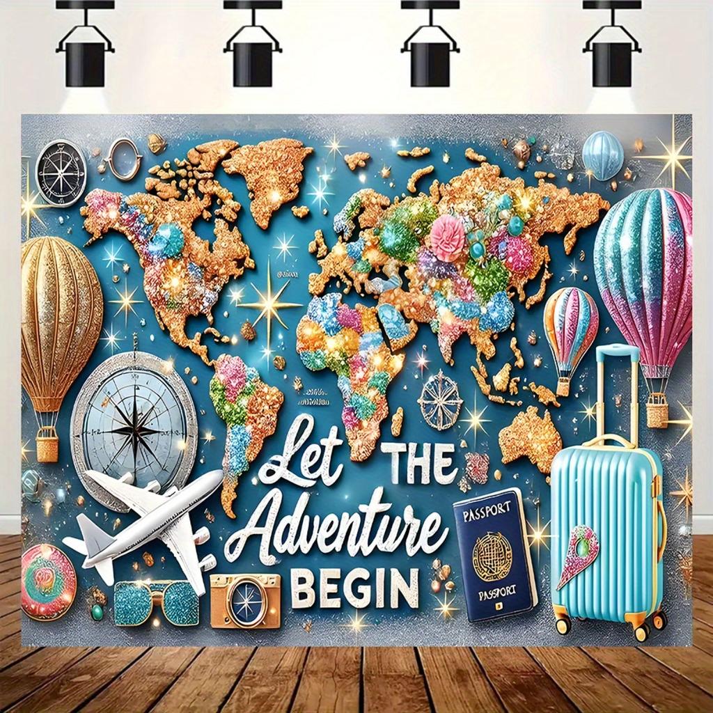 1 adventure-themed large background banner with a shiny world map, hot air balloons and travel signs - perfect for parties