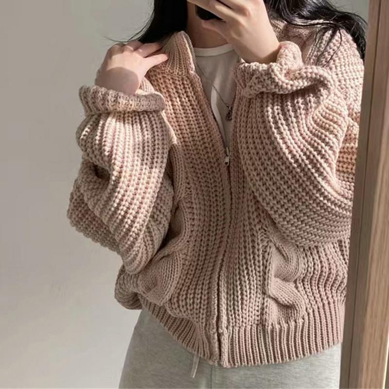 Women Zipper Rib Loose Cardigan Coat Lantern Sleeve Knit Warm Sweater Coat Solid Casual Office Jacket Women Fall Winter