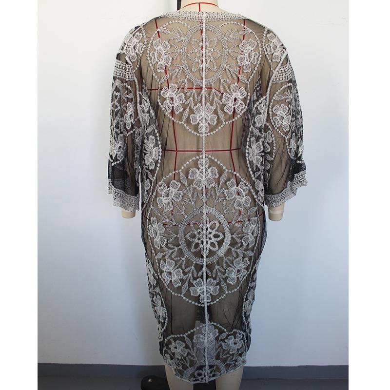 Women's Summer Lace Embroidery Long Cardigan See Through Bikini Outer Beach Cover-ups