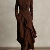 Women's High Neck Long Sleeve Asymmetrical Ruffle Midi Dress Elegant Party Dress