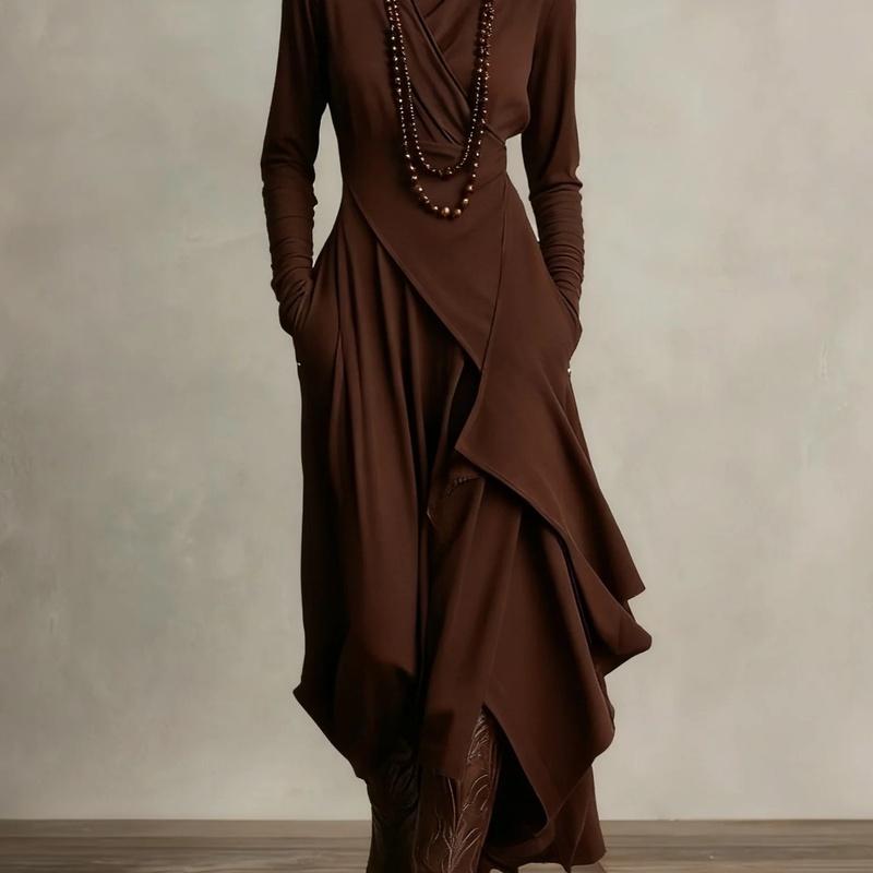 Women's High Neck Long Sleeve Asymmetrical Ruffle Midi Dress Elegant Party Dress
