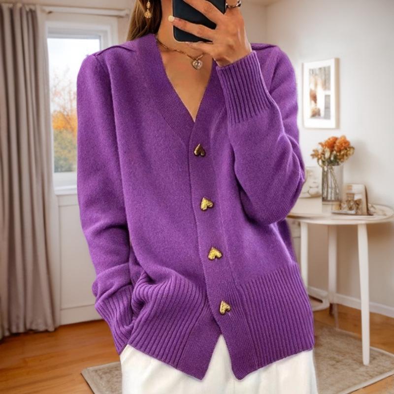 Women's Autumn/Winter V-Neck Knitted Cardigan with Heart Row Buttons