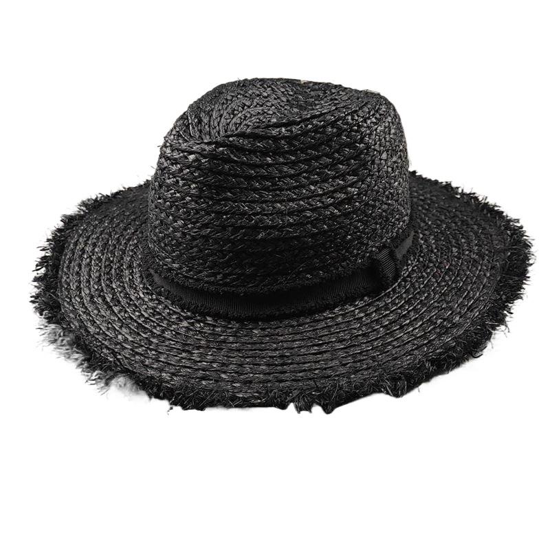 

New Big Size 63cm Raffia Straw Hat Fur Edges Summer Outdoor Sunshade Beach Sun Protection Flat Edge Panama Elegant Women Hat 62-63cm чорний