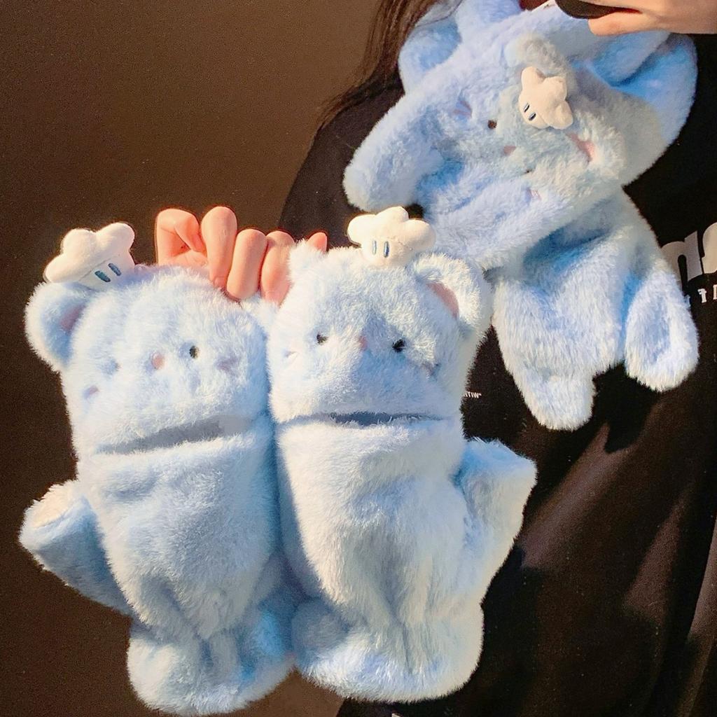 Cute Blue Cat Plush Five Finger Gloves for Women Winter Warm and Velvet Thickened Windproof Cycling Bike New Style