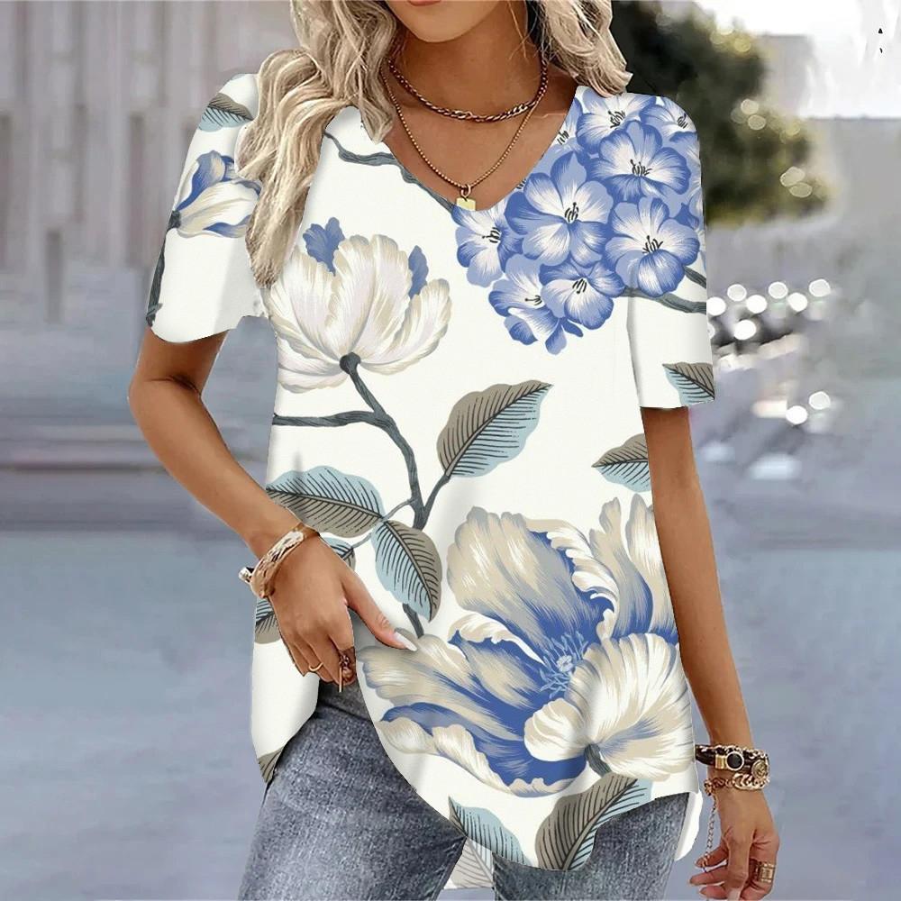 Women's T-shirt 3D Floral Pattern Printing Casual Short-sleeved V-neck Loose Top